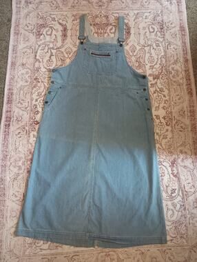 Vtg Eddie Bauer Women's Denim Overall Maxi Dress 2X Light Wash Slit Country